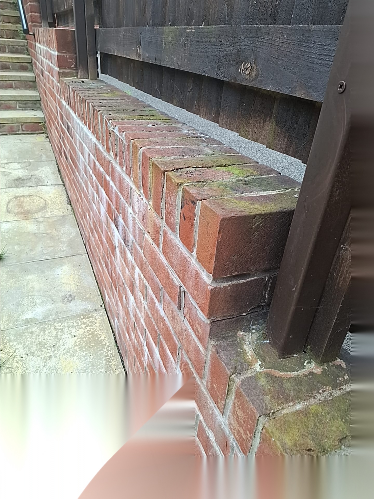 Completed red brick garden wall beneath timber fencing on a Doncaster boundary walling project